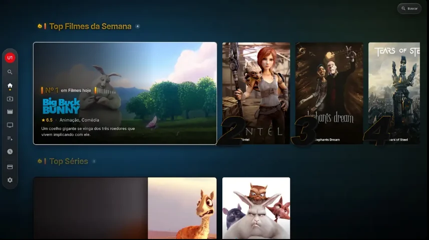 Tela inicial do IBO Smarters com filmes e séries em destaque